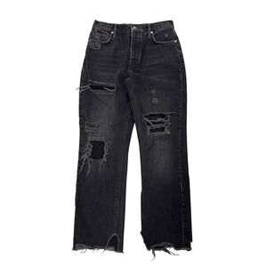 Free People Denim Baggy Boyfriend Jeans Black Distressed Raw Hem Womens 26